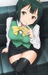  black_legwear bow breasts couch crossed_legs green_hair hairband hashi highres idolmaster idolmaster_(classic) index_finger_raised looking_at_viewer medium_breasts mole mole_under_mouth otonashi_kotori pencil_skirt red_eyes short_hair sitting skirt smile solo thighhighs zettai_ryouiki 