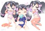  &gt;_&lt; 3girls :p barefoot bow child copyright_request eating eyebrows eyes_closed feet female hair_bow hair_ornament hoshino_darts ice_cream long_hair long_twintails looking_at_viewer multiple_girls musical_note navel one-piece_swimsuit shaodw shiny shiny_skin simple_background standing swimsuit tongue tongue_out twintails white_background 