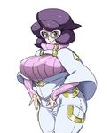  breasts glasses green_eyes huge_breasts numahana pink-framed_eyewear plump pokemon pokemon_(game) pokemon_sm purple_hair simple_background smile solo thick_thighs thighs white_background wicke_(pokemon) 