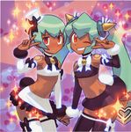  black_legwear cowboy_shot dark_skin elbow_gloves frown gloves green_hair grin hat holding_hands ishikawa_hideki long_hair looking_at_viewer mini_hat miniskirt multiple_girls official_art one_eye_closed red_eyes ribbon-trimmed_legwear ribbon_trim rockman rockman_dash sera_(rockman_dash) short_hair skirt smile thighhighs twintails white_legwear yuna_(rockman_dash) 