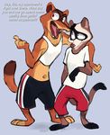  absurd_res anthro barefoot clothed clothing dialogue disney duke_weaselton duo ferret hi_res male male/male mammal midriff mustelid navel open_mouth pointing sexilydrawn shaded shirt shorts simple_background sketch teeth tongue travis_(zootopia) weasel zootopia 