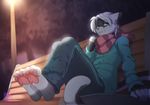 2016 4_toes 5_fingers anthro barefoot bench cat clothed clothing cute detailed_background feline fumiko green_eyes hair mammal night outside pawpads paws pink_nose scarf smile solo toes white_hair 
