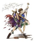  1girl blue_eyes boots brown_hair butz_klauser cape dual_wielding english faris_scherwiz final_fantasy final_fantasy_v green_eyes headband highres holding long_hair niboshi514 open_mouth popped_collar purple_hair simple_background sword torn_clothes weapon white_background 