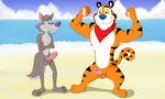  anthro balls beach canine chip_the_wolf cookie_crisp crossed_arms duo erection feline flat_colors flexing frosted_flakes grin humanoid_penis kellogg&#039;s male male/male mammal mostly_nude neckerchief neenya nude outside penis pinup pose seaside standing tiger tony_the_tiger wolf 