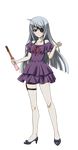  ahoge brown_eyes churro collarbone dress eyebrows eyebrows_visible_through_hair eyepatch full_body highres holding holster infinite_stratos laura_bodewig long_hair looking_at_viewer purple_dress red_ribbon ribbon silver_hair solo thigh_holster transparent_background 