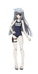 ahoge brown_eyes collarbone covered_navel eyebrows eyebrows_visible_through_hair eyepatch full_body hand_on_hip highres holster infinite_stratos laura_bodewig long_hair looking_at_viewer one-piece_swimsuit school_swimsuit silver_hair solo swimsuit thigh_holster transparent_background 