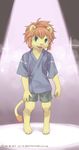  4_fingers anthro cub feline fur green_eyes hair lion male mammal open_mouth orange_hair simple_background solo standing yellow_fur young コいけ 