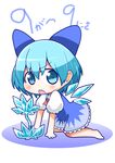  arm_support bare_legs blue_dress blue_eyes blue_hair blush bow chibi cirno commentary_request dress hair_bow ice ice_flower ice_wings kawara_hajime looking_at_viewer puffy_short_sleeves puffy_sleeves short_hair short_sleeves simple_background solo touhou white_background wings 