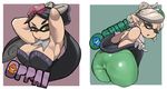  armpits breasts brown_hair butt callie_(splatoon) cleavage clothed clothing duo ear_piercing female gloves hair humanoid inkling looking_at_viewer looking_back marie_(splatoon) nintendo piercing pointy_ears raised_arm splatoon tentacle_hair tentacles thick_thighs video_games xrainevilx 