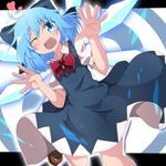  ;d ahoge blue_eyes blue_hair blush bow cirno do_(4-rt) eyebrows eyebrows_visible_through_hair hair_bow heart highres ice ice_wings leg_up md5_mismatch one_eye_closed open_hands open_mouth puffy_sleeves raised_eyebrows smile solo teeth touhou v-shaped_eyebrows wings 