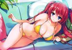  bikini blue_eyes blush breasts cleavage collarbone couch hair_ribbon highres indoors large_breasts long_hair looking_at_viewer lying navel official_art on_side pillow pink_hair ribbon sakura_airi shiny shiny_skin side-tie_bikini smile solo string_bikini swimsuit tomose_shunsaku twintails two_side_up untying yellow_bikini youkoso_jitsuryoku_shijou_shugi_no_kyoushitsu_e 