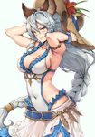  adjusting_clothes adjusting_hat animal_ears armlet armpits blush bracelet braid breasts brown_eyes cleavage commentary_request covered_navel cowboy_shot dress erune flower frills granblue_fantasy hair_tubes haoni hat hat_flower heles hibiscus jewelry large_breasts long_hair looking_at_viewer parted_lips revealing_clothes sideboob silver_hair single_braid solo sun_hat very_long_hair white_dress 