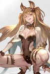  :q animal_ears arm_warmers bangs black_leotard blunt_bangs breasts brown_eyes brown_hair cape cleavage collar covered_navel erune fox_ears granblue_fantasy grey_background head_tilt headgear highres lack legs_apart leotard long_hair looking_at_viewer medium_breasts metera_(granblue_fantasy) mole mole_under_mouth parted_lips sidelocks simple_background skin_tight solo squatting strapless strapless_leotard teeth thighhighs tongue tongue_out twintails very_long_hair white_cape white_legwear 