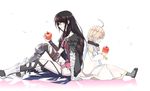  1girl apple back-to-back bandaged_arm bandages black_hair blonde_hair choker commentary_request food fruit gloves highres laphicet_(tales) long_hair sayame short_hair simple_background tales_of_(series) tales_of_berseria velvet_crowe white_background yellow_eyes 