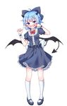  absurdres ahoge alternate_costume black_shirt black_skirt blue_eyes blue_hair blush bow bowtie cirno demon_tail demon_wings fangs full_body hanen_(borry) highres horns looking_at_viewer mary_janes mouth_pull puffy_short_sleeves puffy_sleeves red_bow red_neckwear shirt shoes short_sleeves simple_background skirt solo tail touhou tsurime white_background white_legwear wings wrist_cuffs 