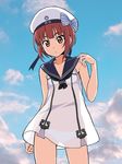  anchor ass_visible_through_thighs blush bra brown_eyes brown_hair closed_mouth day expressionless hat highres hiroyuki kantai_collection looking_at_viewer looking_down panties revision sailor_collar see-through short_hair sky solo underwear white_bra white_hat white_panties z3_max_schultz_(kantai_collection) 