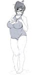  bad_id bad_pixiv_id breast_suppress breasts eyebrows glasses greyscale hair_bun hair_ornament hair_stick large_breasts mei_(overwatch) monochrome one-piece_swimsuit overwatch plump school_swimsuit solo standing swimsuit thick_eyebrows thomas_hewitt wet 