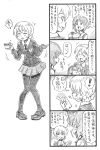  2girls 4koma bbb_(friskuser) bow box braid comic commentary_request cup darjeeling eyes_closed french_braid gift gift_box girls_und_panzer gloves hair_between_eyes hair_up highres holding holding_cup holding_plate knees_together_feet_apart monochrome multiple_girls necktie nishizumi_miho ooarai_school_uniform open_mouth opening pantyhose plate pleated_skirt school_emblem school_uniform serafuku shaded_face short_hair skirt smile st._gloriana&#039;s_school_uniform sweatdrop sweater teacup tongue tongue_out translation_request trembling 