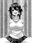  arms_behind_back black_skirt blush breasts commentary_request greyscale gym_shirt hair_between_eyes hayasui_(kantai_collection) heart kantai_collection large_breasts miniskirt monochrome no_jacket no_pupils open_mouth pleated_skirt round_teeth shirt short_hair skirt solo spread_legs teeth translation_request yokai 