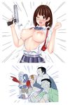  4boys ;o anger_vein backpack bag blush boomer_(left4dead) bow bowtie breast_envy breasts brown_eyes brown_hair commentary_request dress_shirt exploding_clothes gacha_(ssaketen) gaijin_4koma gun handgun highres hirose_haruka holding holding_gun holding_weapon hood hooded_jacket hunter_(left4dead) jacket jockey_(left4dead) large_breasts left_4_dead left_4_dead_2 left_4_dead_survivors long_tongue m1911 multiple_boys multiple_girls nipples one_eye_closed open_mouth pale_skin plaid plaid_skirt school_uniform shirt short_sleeves skirt smoker_(left4dead) striped striped_bow striped_neckwear sweat tongue torn_clothes torn_shirt upper_body weapon white_shirt witch_(left4dead) zombie 