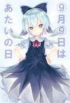  +_+ 1girl 2016 blue_dress blue_eyes blue_hair blue_ribbon bow capriccio cirno dated dress fairy_wings hair_bow hands_on_hips ice ice_wings looking_at_viewer puffy_short_sleeves puffy_sleeves ribbon short_hair short_sleeves smile solo touhou translated wings 