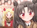  +_+ 2girls :q aro_1801 bangs black_hair black_ribbon blonde_hair blush booth brown_coat coat coffee_cup commentary_request cup disposable_cup drooling duffel_coat ereshkigal_(fate/grand_order) facing_viewer fate/grand_order fate_(series) hair_ribbon head_tilt heart ishtar_(fate/grand_order) lantern long_hair looking_at_viewer looking_down multiple_girls open_mouth parted_bangs plaid plaid_scarf red_coat red_eyes red_ribbon ribbon scarf self_shot steam table tongue tongue_out twintails twitter_username very_long_hair 