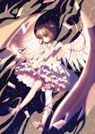  antenna_hair braid brown_hair cardcaptor_sakura clow_card green_eyes highres hoshi_no_tsue kinomoto_sakura pink_ribbon ribbon rosuuri short_hair single_thighhigh solo thighhighs white_legwear white_wings wings 