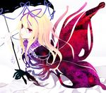  abstract alternate_costume black_sclera blonde_hair butterfly_wings commentary_request dress eyes gloves hair_between_eyes hair_ribbon kazeharu long_hair looking_at_viewer purple_eyes red_eyes red_pupils ribbon ribbon_trim shiny shiny_hair single_glove smile solo touhou umbrella white_dress white_gloves wings yakumo_yukari 