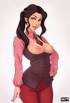  1girl areolae artist_name asami_sato avatar:_the_last_airbender black_hair breasts breasts_out eyeshadow female green_eyes looking_at_viewer makeup nail_polish nipples owler parted_lips ponytail smile solo the_legend_of_korra tie web_address white_background 