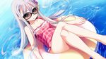  bare_shoulders barefoot blue_eyes casual_one-piece_swimsuit closed_mouth collarbone flower frills frown game_cg glasses hair_flower hair_ornament kawahara_makoto legs_crossed long_hair looking_at_viewer pink_swimsuit rinowahl sitting small_breasts swimsuit taiyou_no_promia taiyou_no_promia_flowering_days very_long_hair water white_hair 