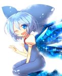  backlighting between_legs blue_bow blue_dress blue_eyes blue_hair bow cirno dress hair_bow hand_between_legs ice ice_wings kuresento looking_at_viewer no_nose one_eye_closed open_mouth puffy_short_sleeves puffy_sleeves short_hair short_sleeves sitting smile solo touhou white_background wings 