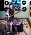 2014 anthro black_fur black_hair blue_eyes canine clothed clothing dog fur grey_fur grin guitar hair hoodie husky inside looking_at_viewer male mammal musical_instrument poster record shariea solo speaker standing white_fur 