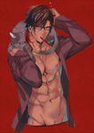  1boy animal brown_hair cat eye_contact glasses gradient_hair looking_at_another male_focus multicolored_hair muscle navel necklace nipples ookurikara open_clothes open_shirt personification red_background red_hair simple_background toothbrush touken_ranbu tsurime uosuko upper_body yellow_eyes 