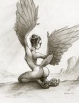  2016 avian bare_back breasts butt ear_piercing ecmajor eyelashes feathers female greyscale hair harpy kneeling monochrome monster_girl nipples piercing simple_background slim solo talons white_background 