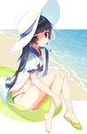  absurdres banned_artist beach bikini black_hair breasts dress earrings eyebrows eyebrows_visible_through_hair food frilled_bikini frills green_innertube hat highres innertube jewelry leg_grab long_hair looking_at_viewer navel original popsicle puffy_short_sleeves puffy_sleeves red_eyes sailor_dress sandals short_sleeves single_sandal sitting small_breasts solo sun_hat swimsuit toenail_polish yusano 