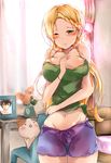  1girl bare_shoulders bedroom blonde_hair braid breasts cat female green_eyes highres indoors large_breasts long_hair midriff morning navel original pants shi-2 shirt shorts solo standing thigh_gap window 