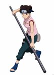  bandana black_eyes black_hair double_bun full_body holding holding_weapon kishimoto_masashi naruto naruto_(series) naruto_shippuuden official_art short_hair simple_background solo tenten weapon white_background 