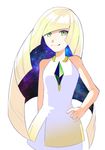  blonde_hair dress green_eyes hand_on_hip long_hair looking_at_viewer lusamine_(pokemon) pokemon pokemon_(game) pokemon_sm short_dress sleeveless sleeveless_dress smile solo upper_body very_long_hair white_background yu_(mekeneko1998) 