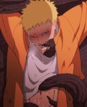  1boy against_wall blonde_hair blush looking_at_viewer male_focus msucle naruto solo sweat undressing 