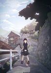  bag black_hair bow bowtie building cat cloud day full_body highres kagawa_yuusaku looking_at_viewer low_twintails open_mouth original outdoors path railing road school_bag school_uniform skirt sky solo stairs standing tree twintails 