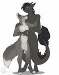  2016 animal_genitalia anthro armpits balls black_fur black_hair canine dragon duo fox fully_sheathed fur furred_dragon grey_fur hair looking_up male mammal nude red_eyes romantic_couple shariea sheath simple_background smile standing white_background white_fur yellow_eyes 