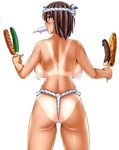  ass backboob bikini_tan blush bouncing_breasts breasts brown_eyes brown_hair chocolate_banana commentary_request corn cowboy_shot dark_skin food food_in_mouth from_behind fundoshi gacha_(ssaketen) hachimaki headband holding holding_food japanese_clothes large_breasts looking_at_viewer looking_back nejiri_hachimaki original pickle popsicle profile rokushaku_fundoshi sausage short_hair solo sweat tan tanline white_background 