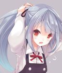  adjusting_hair arms_up black_ribbon blouse bunching_hair commentary_request grey_background hair_ribbon hair_tie kantai_collection kasumi_(kantai_collection) long_hair long_sleeves looking_at_viewer neckerchief p19 red_eyes remodel_(kantai_collection) ribbon school_uniform simple_background solo upper_body 