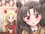  2girls :p arm_up aro_1801 bangs black_hair black_ribbon blonde_hair booth brown_coat coat coffee_cup cup disposable_cup duffel_coat embarrassed ereshkigal_(fate/grand_order) eyebrows_visible_through_hair fang fate/grand_order fate_(series) flying_sweatdrops hair_ribbon head_tilt ishtar_(fate/grand_order) lantern looking_at_viewer multiple_girls open_mouth outstretched_hand parted_bangs plaid plaid_scarf red_coat red_eyes red_ribbon ribbon scarf self_shot sweatdrop table tongue tongue_out twintails twitter_username v v_over_eye 