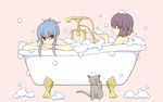  alternate_hairstyle animal bath bathing bathtub blowing blue_hair bubble bubble_bath cat claw_foot_bathtub hinanawi_tenshi md5_mismatch mozukusa multiple_girls nagae_iku pink_background purple_hair red_eyes shared_bathing shower_head sidelocks simple_background smile touhou updo 