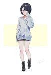  artist_name black_hair blue_eyes boots collarbone full_body highres original short_hair sleeves_past_wrists solo standing sweater uni_(melm) v-neck white_background yellow_background 