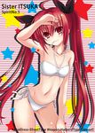  arm_up armpits bikini black_ribbon breasts candy collarbone date_a_live eyebrows eyebrows_visible_through_hair food groin hair_ribbon halter_top halterneck highres itsuka_kotori leaning_forward lollipop long_hair mouth_hold navel red_eyes red_hair ribbon side-tie_bikini small_breasts smile sogegin solo star swimsuit twintails white_bikini 