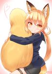  animal_ears binsen blonde_hair blush eyebrows eyebrows_visible_through_hair fox_ears fox_tail gradient gradient_background hair_between_eyes hair_ornament heart kantai_collection kemonomimi_mode large_tail long_hair long_sleeves looking_at_viewer remodel_(kantai_collection) satsuki_(kantai_collection) school_uniform serafuku sitting skirt smile solo tail tail_hug twintails twitter_username yellow_eyes 