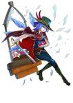  1girl ascot autodefenestration blue_bow blue_eyes blue_flower blue_hair blue_pants blue_vest boots bow broken_window cape cirno commentary flower full_body glass glass_shards gloves green_footwear green_hat grin hair_bow hat hat_feather highres ice ice_wings knee_boots long_sleeves pants pink_flower rapier recare red_cape short_hair smile solo sword touhou transparent_background vest weapon white_gloves window wings 