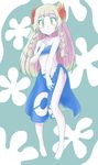  blonde_hair blush cosplay flower fuyou_(pokemon) fuyou_(pokemon)_(cosplay) green_eyes hair_flower hair_ornament hibiscus highres hula image_sample lillie_(pokemon) nomura_(buroriidesu) pixiv_sample pokemon pokemon_(game) pokemon_oras pokemon_rse pokemon_sm sarong 